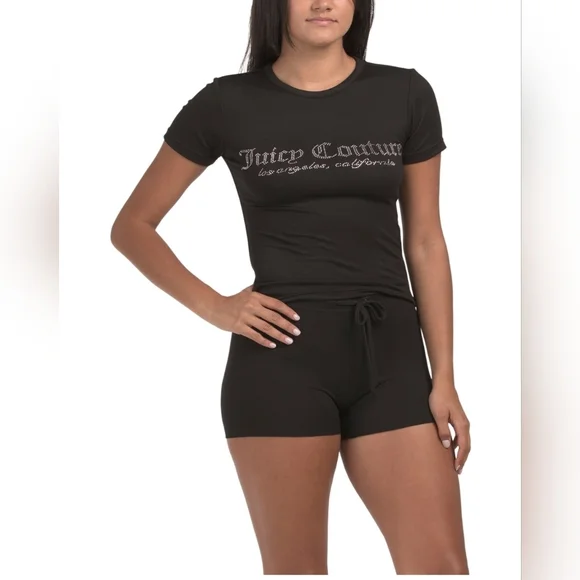 Juicy Couture Black 2 Piece Tight Fit Rhinestone Sleepwear Set - Picture 1 of 2